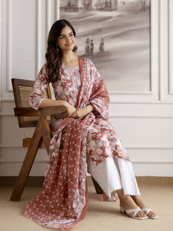 Peach Cotton Embroidery Work Kurta Pant Set with Dupatta Salwar Suit Set Trendmalls