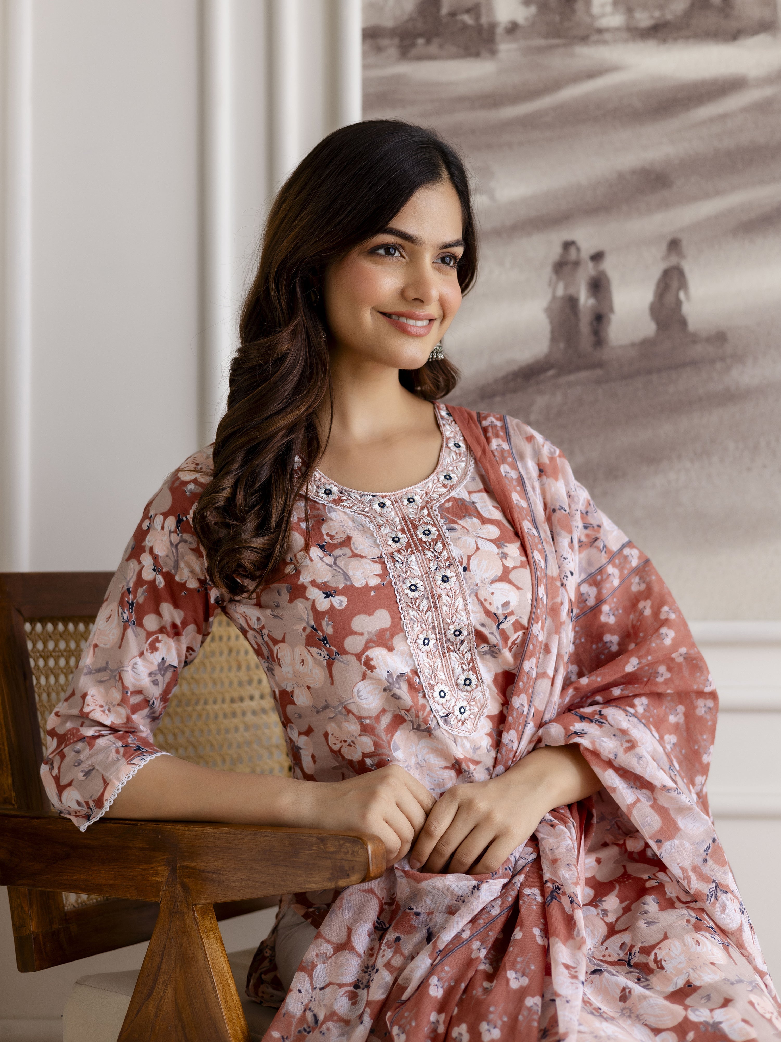 Peach Cotton Embroidery Work Kurta Pant Set with Dupatta Salwar Suit Set Trendmalls