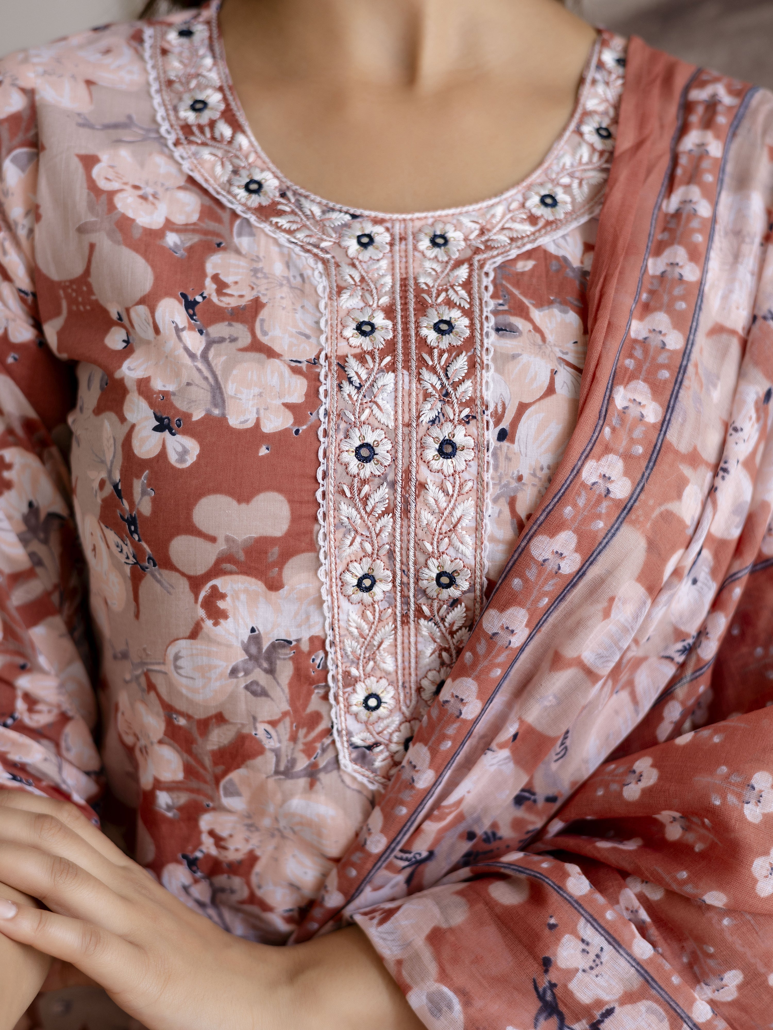 Peach Cotton Embroidery Work Kurta Pant Set with Dupatta Salwar Suit Set Trendmalls