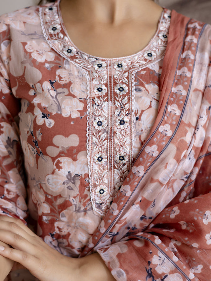 Peach Cotton Embroidery Work Kurta Pant Set with Dupatta Salwar Suit Set Trendmalls
