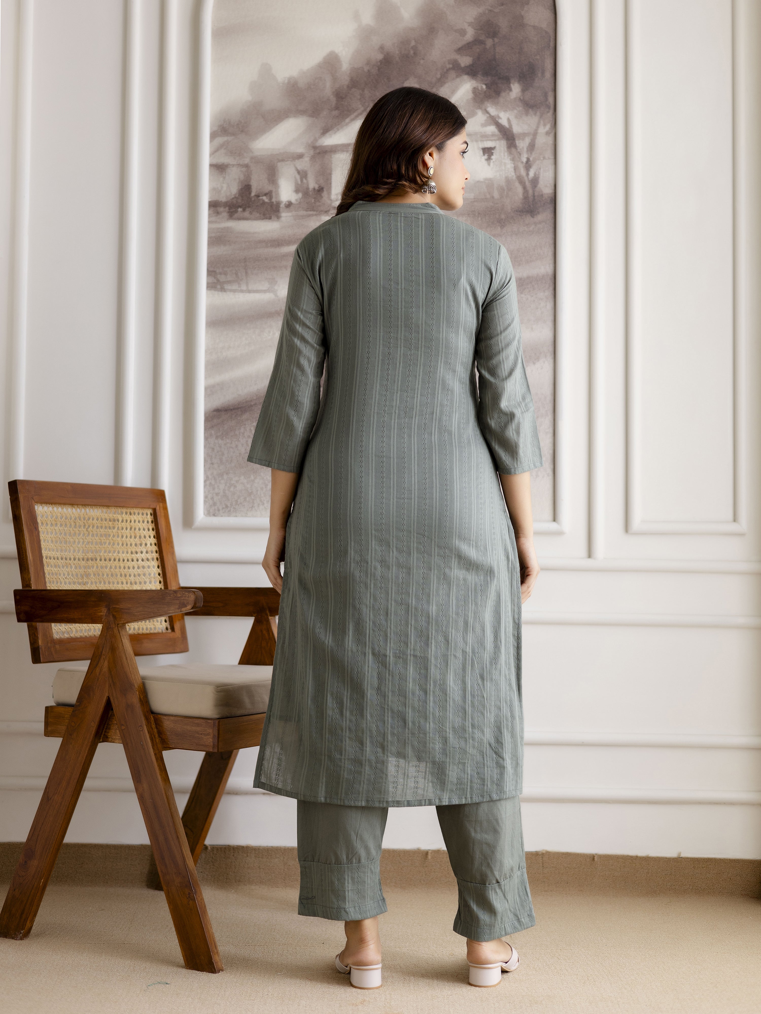 SteelGreen Pure Cotton Weaving Embroidery Kurta Pant with Dupatta Set Trendmalls