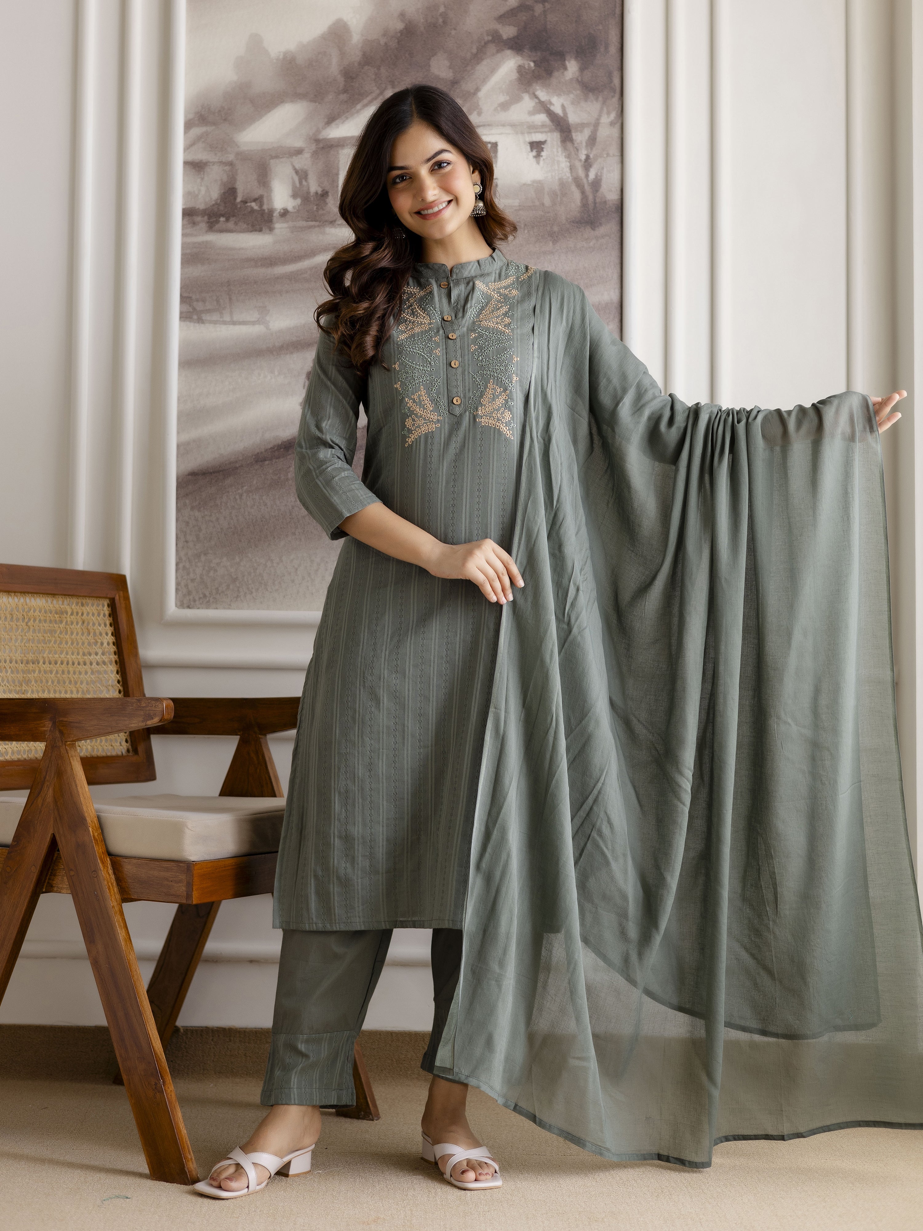 SteelGreen Pure Cotton Weaving Embroidery Kurta Pant with Dupatta Set Trendmalls