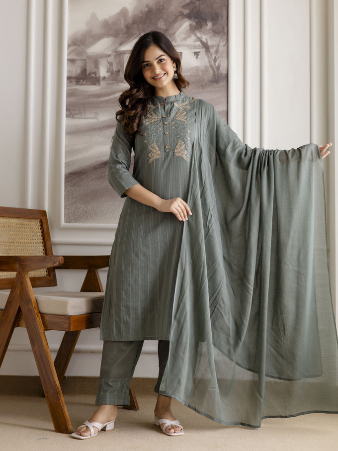 SteelGreen Pure Cotton Weaving Embroidery Kurta Pant with Dupatta Set Trendmalls