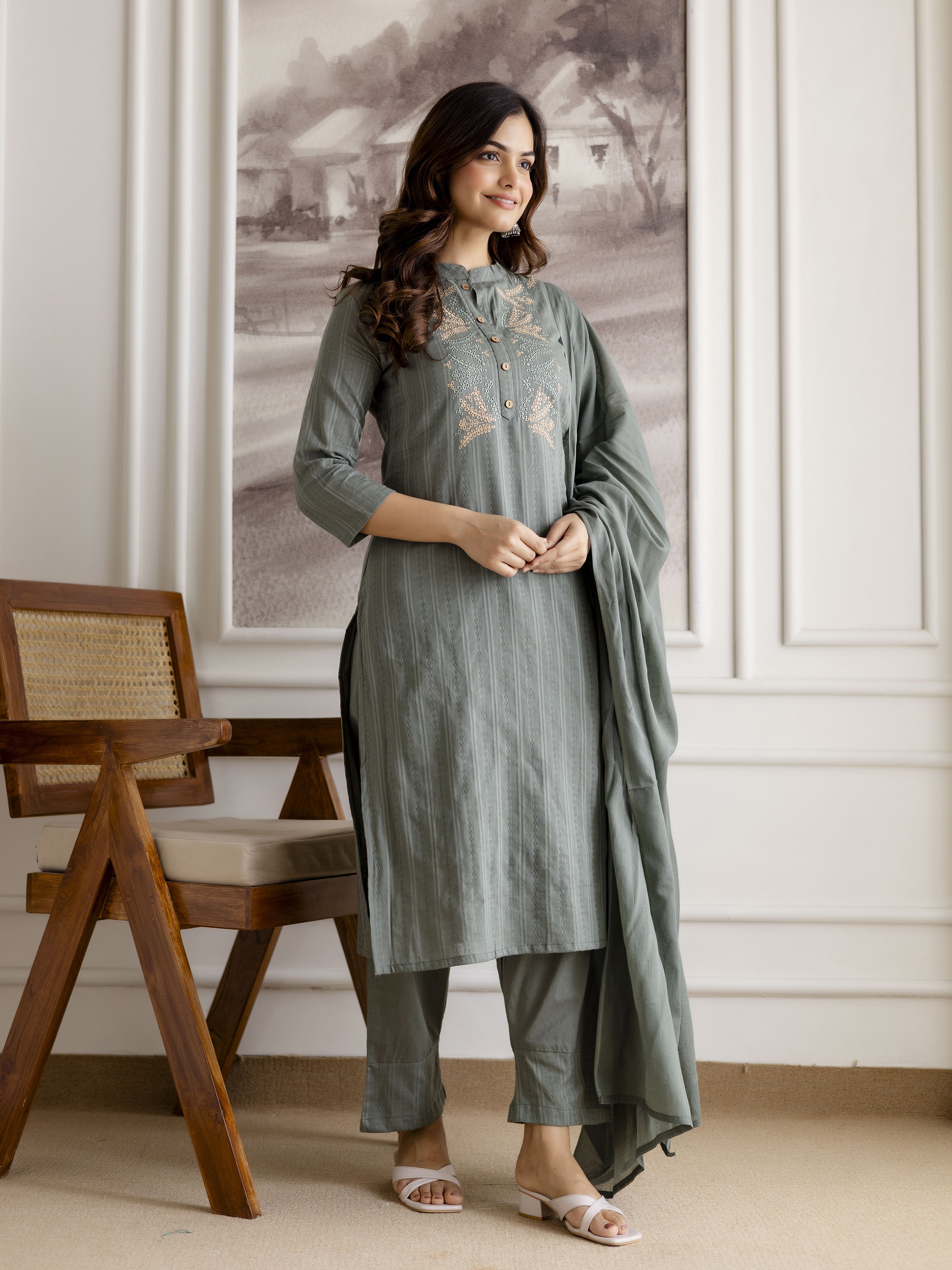 SteelGreen Pure Cotton Weaving Embroidery Kurta Pant with Dupatta Set Trendmalls