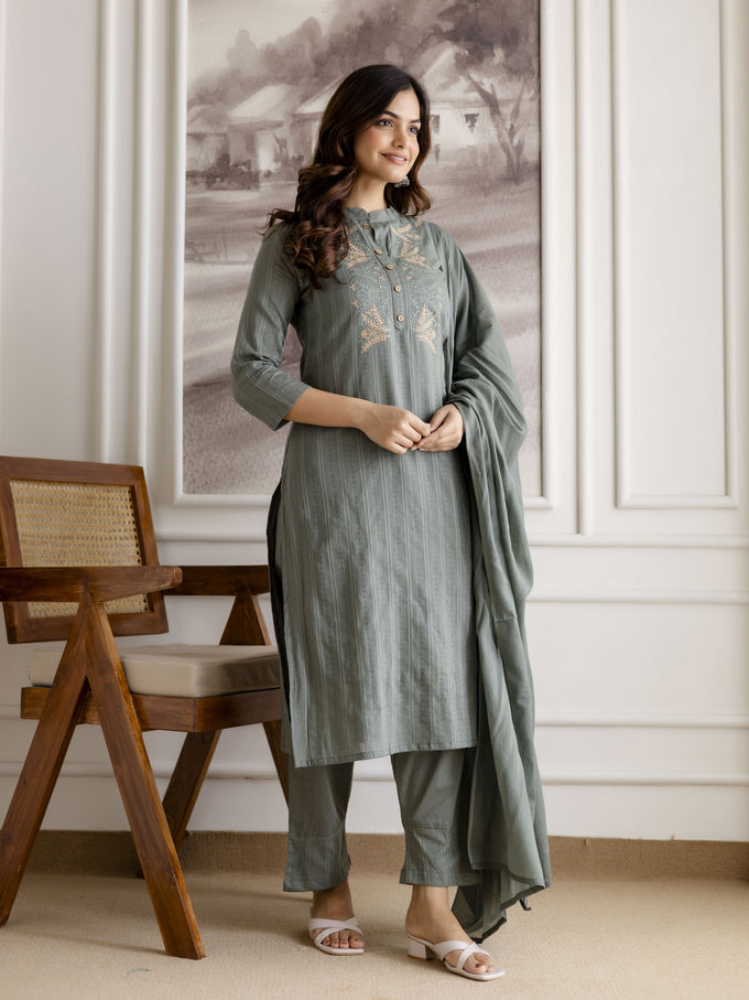 SteelGreen Pure Cotton Weaving Embroidery Kurta Pant with Dupatta Set Trendmalls