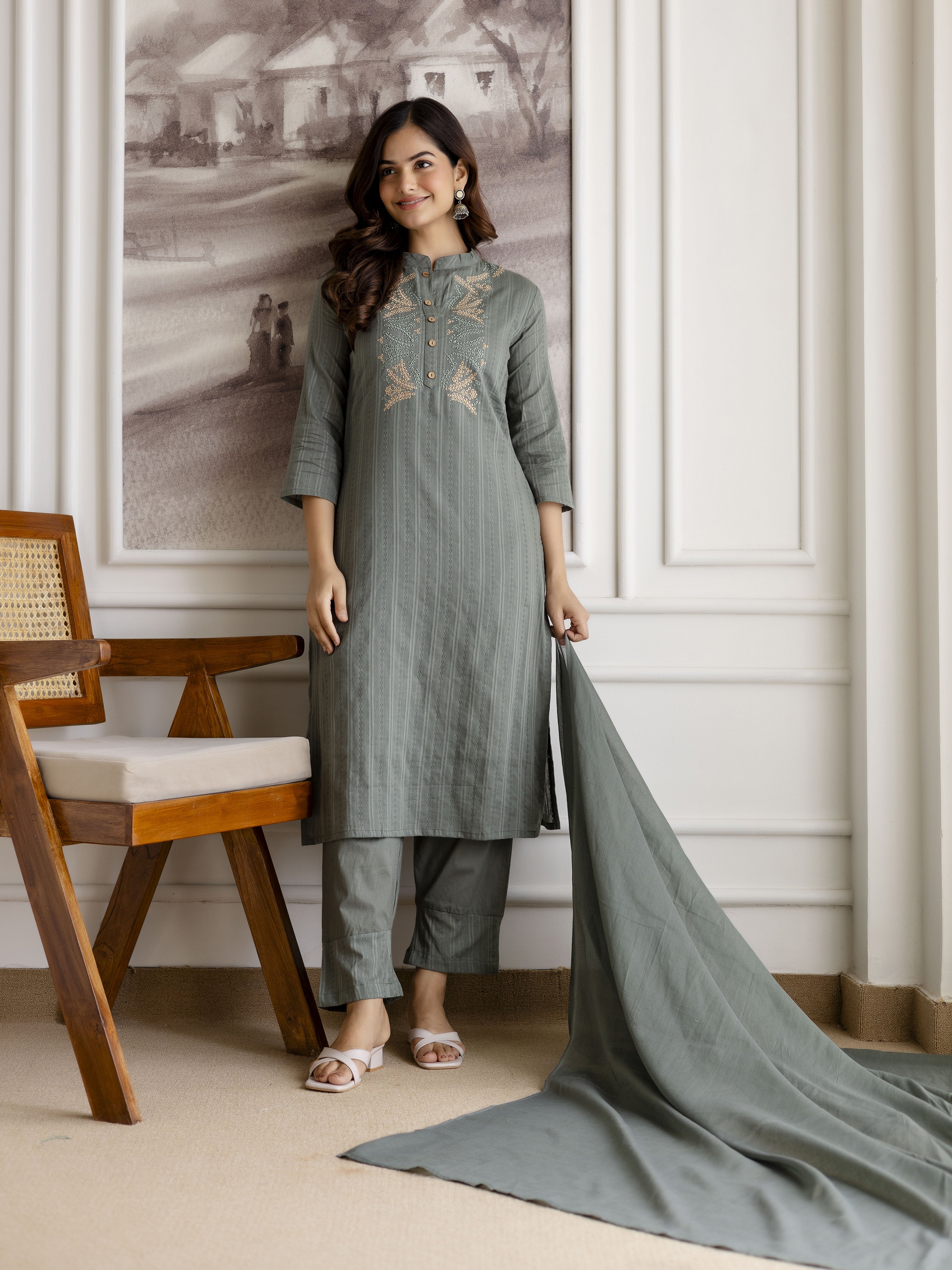 SteelGreen Pure Cotton Weaving Embroidery Kurta Pant with Dupatta Set Trendmalls