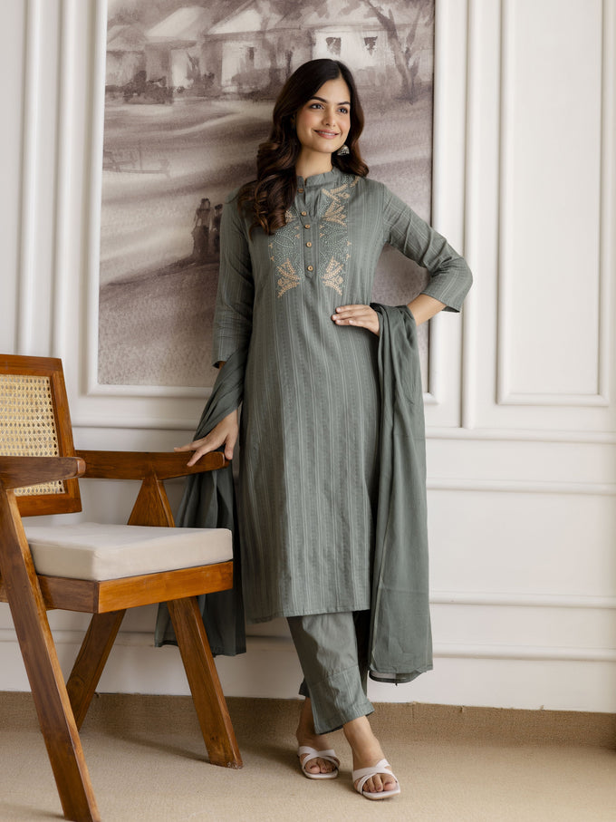 SteelGreen Pure Cotton Weaving Embroidery Kurta Pant with Dupatta Set Trendmalls