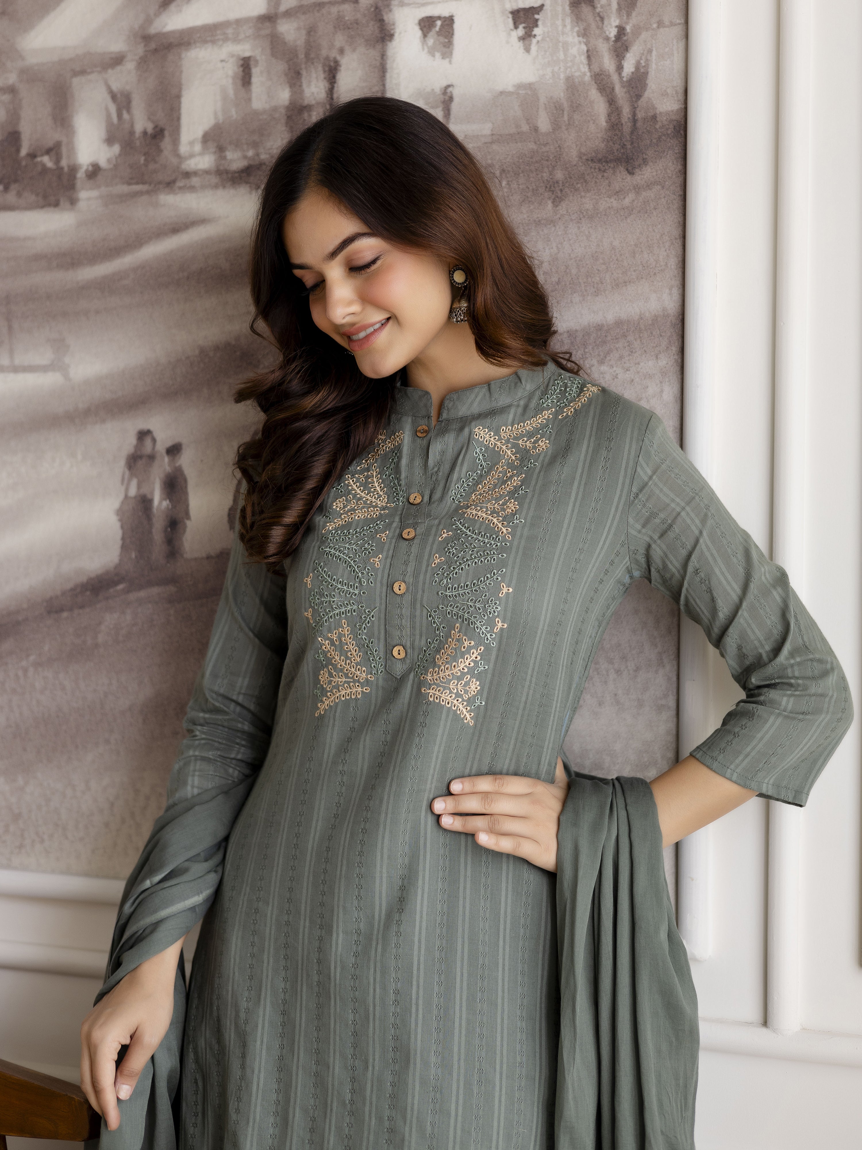 SteelGreen Pure Cotton Weaving Embroidery Kurta Pant with Dupatta Set Trendmalls