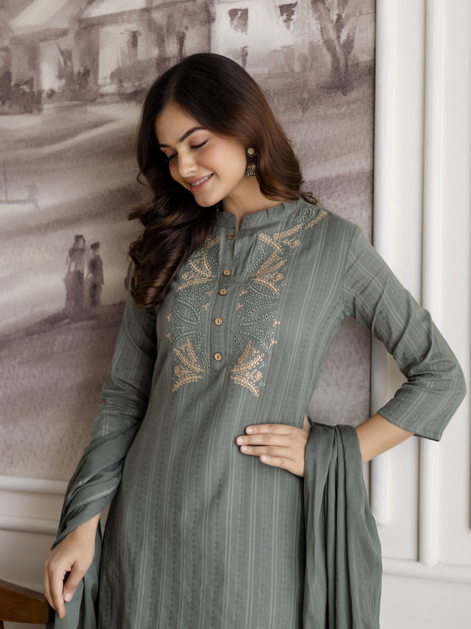 SteelGreen Pure Cotton Weaving Embroidery Kurta Pant with Dupatta Set Trendmalls