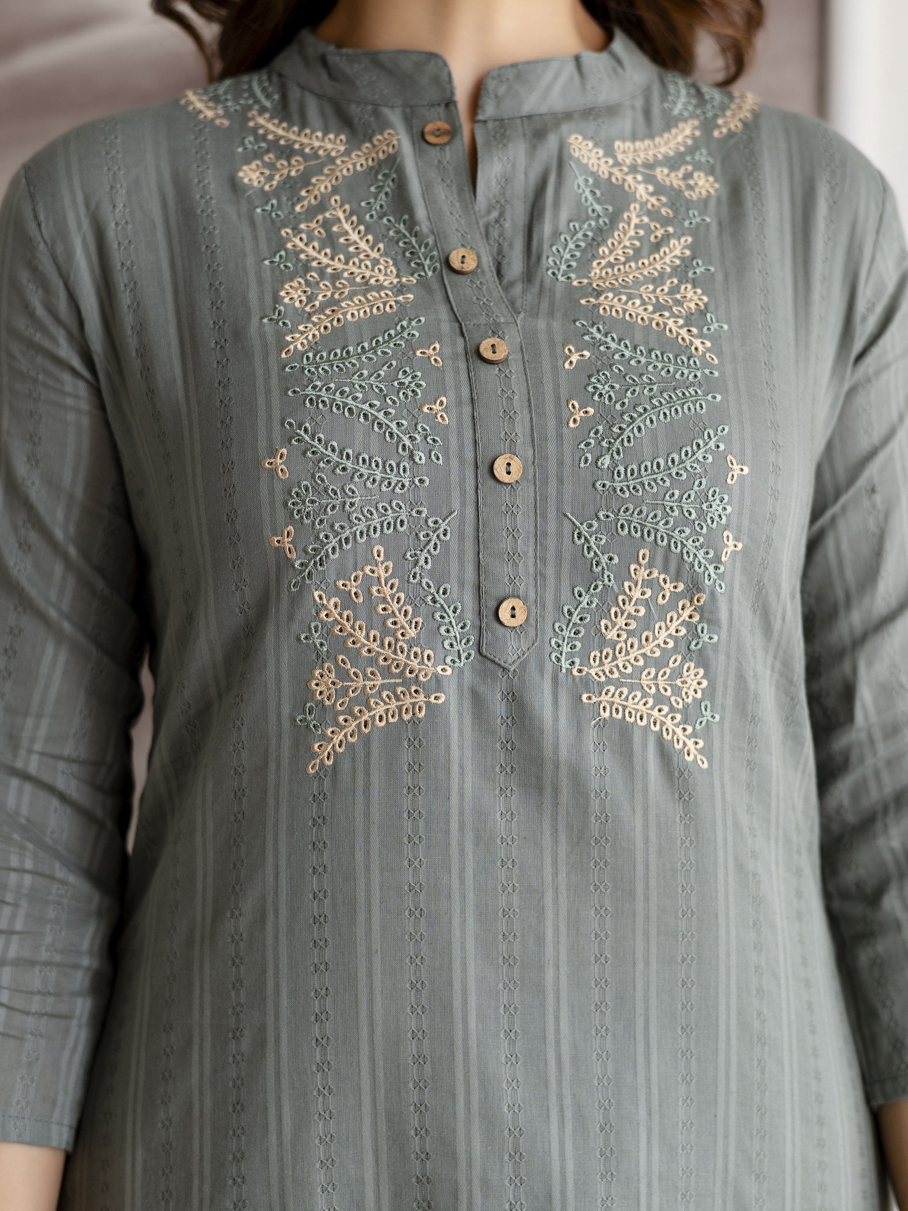 SteelGreen Pure Cotton Weaving Embroidery Kurta Pant with Dupatta Set Trendmalls