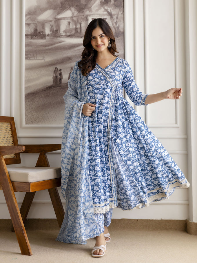 Skyblue Pure Cotton All Over Floral Print Angrakha Kurta Pant with Dupatta Set Trendmalls
