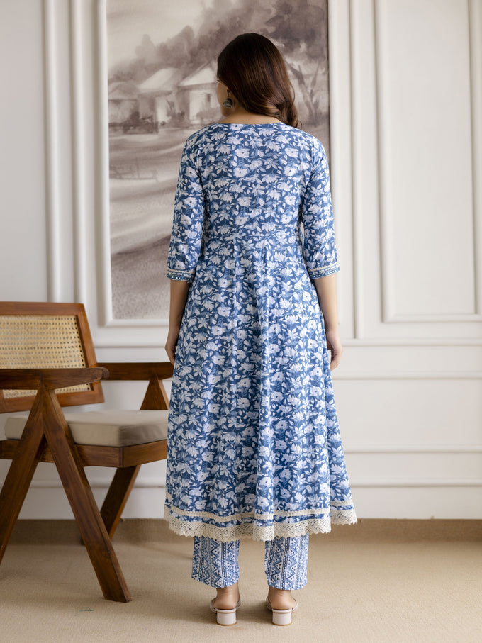 Skyblue Pure Cotton All Over Floral Print Angrakha Kurta Pant with Dupatta Set Trendmalls