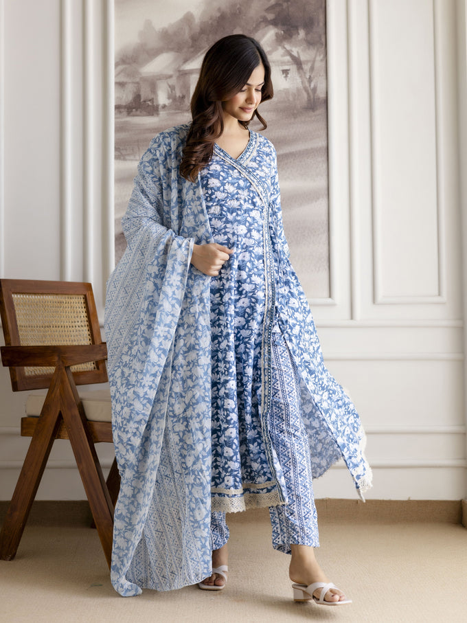 Skyblue Pure Cotton All Over Floral Print Angrakha Kurta Pant with Dupatta Set Trendmalls