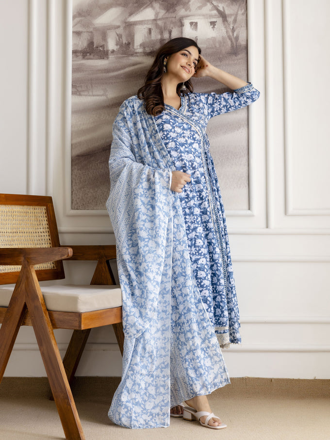 Skyblue Pure Cotton All Over Floral Print Angrakha Kurta Pant with Dupatta Set Trendmalls