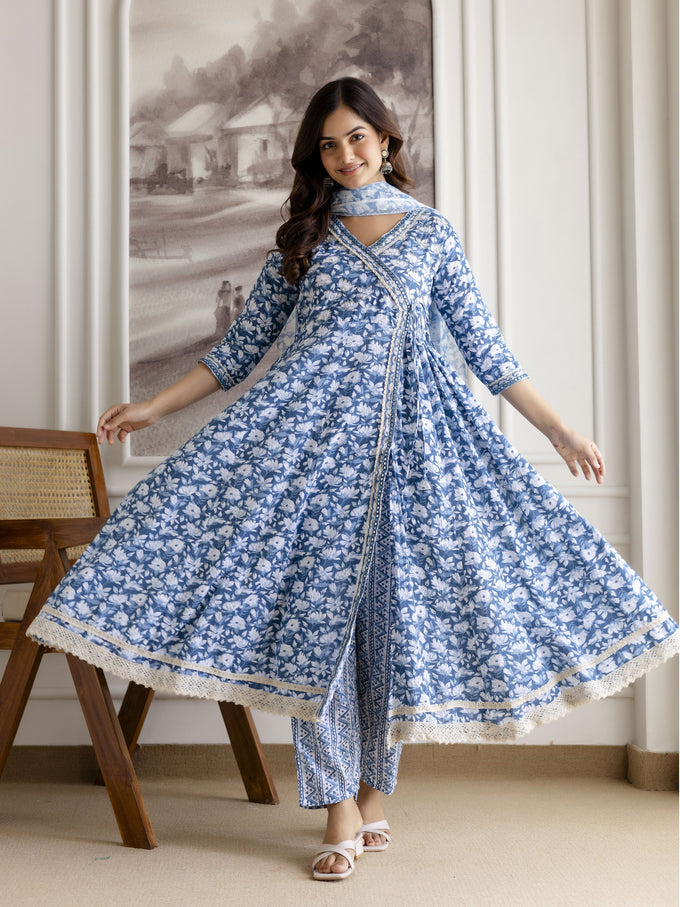 Skyblue Pure Cotton All Over Floral Print Angrakha Kurta Pant with Dupatta Set Trendmalls