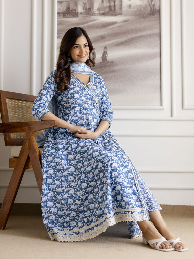 Skyblue Pure Cotton All Over Floral Print Angrakha Kurta Pant with Dupatta Set Trendmalls