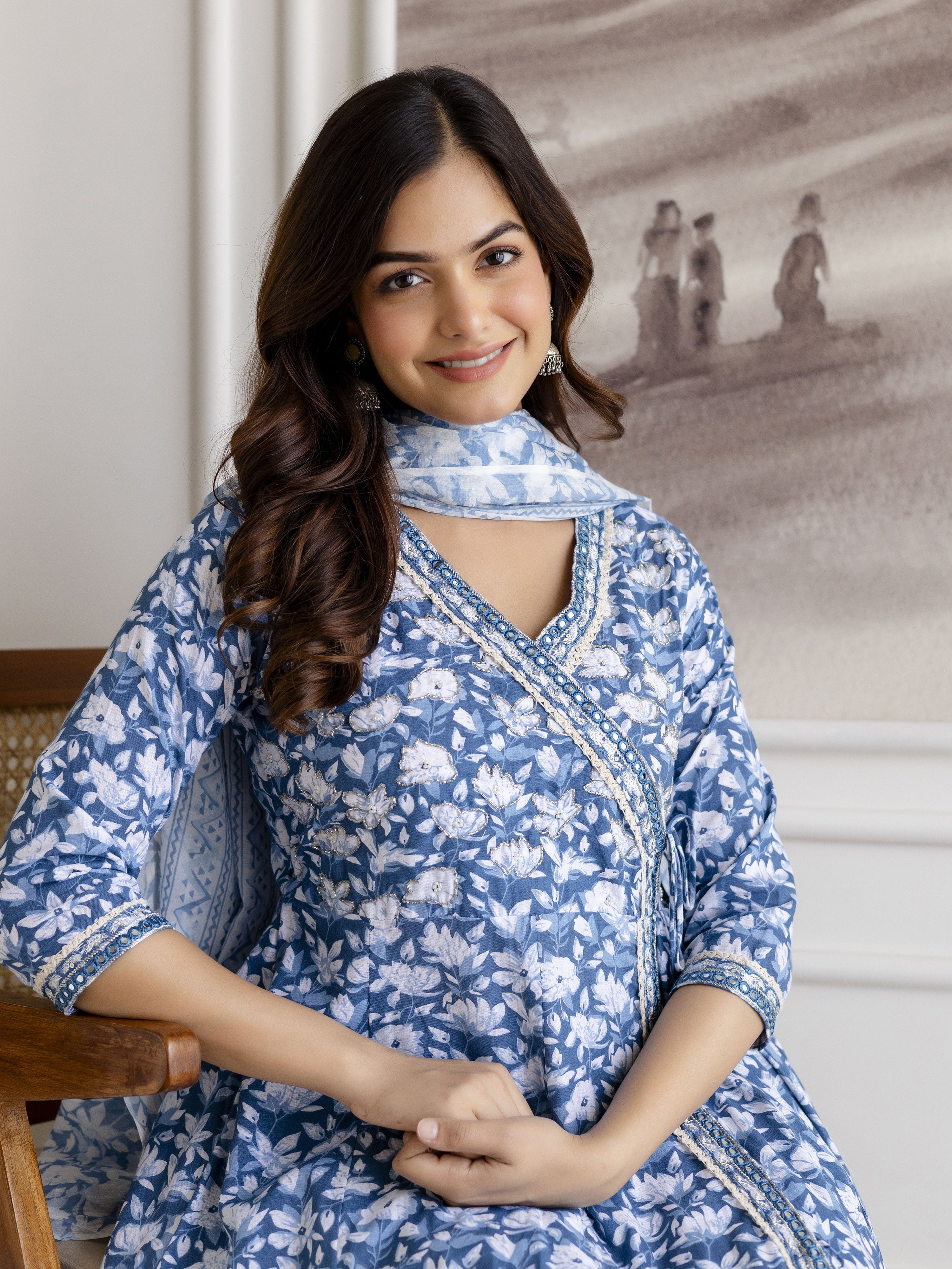 Skyblue Pure Cotton All Over Floral Print Angrakha Kurta Pant with Dupatta Set Trendmalls