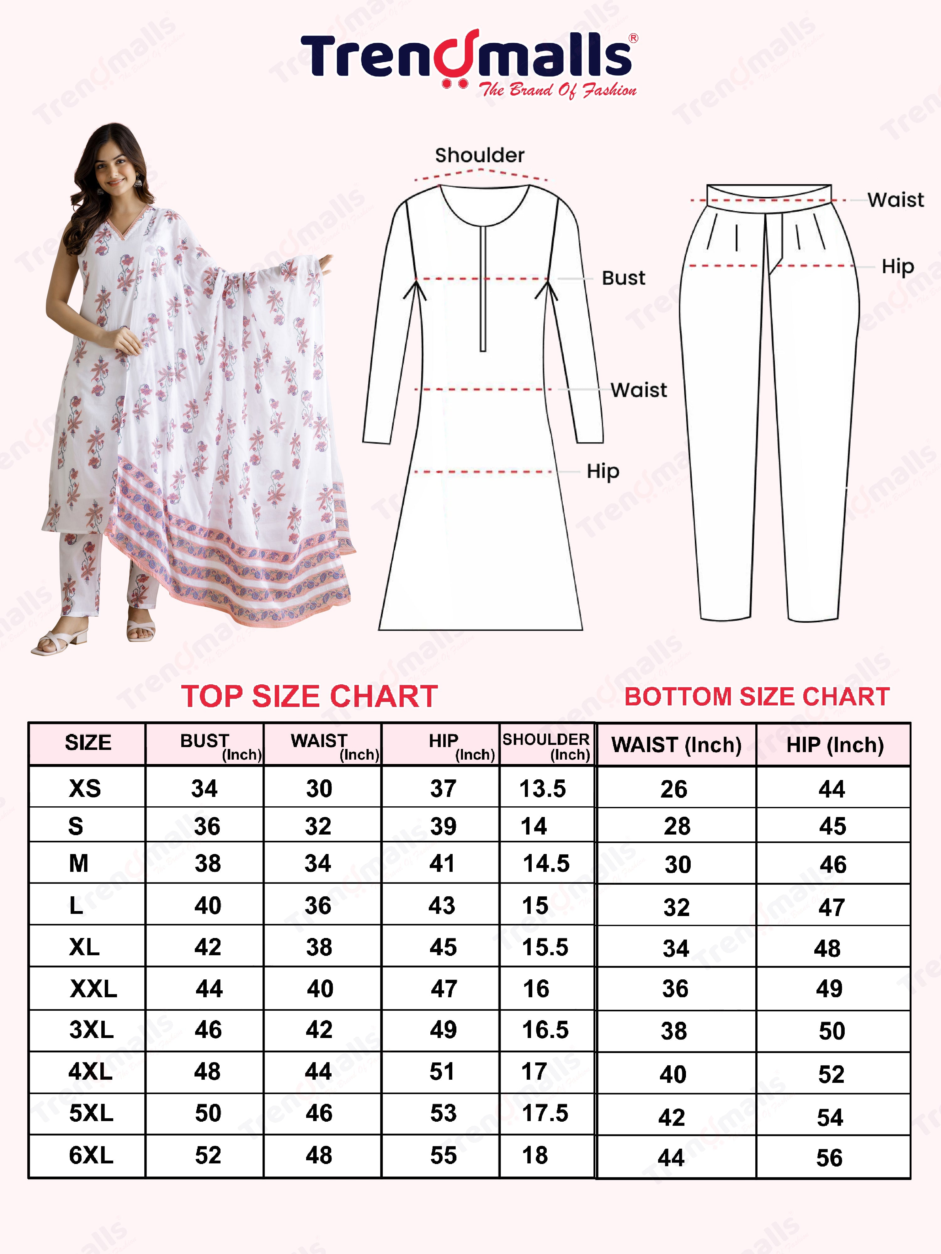 White Pure Cotton Floral Block Print Kurta Pant with Dupatta Set Trendmalls