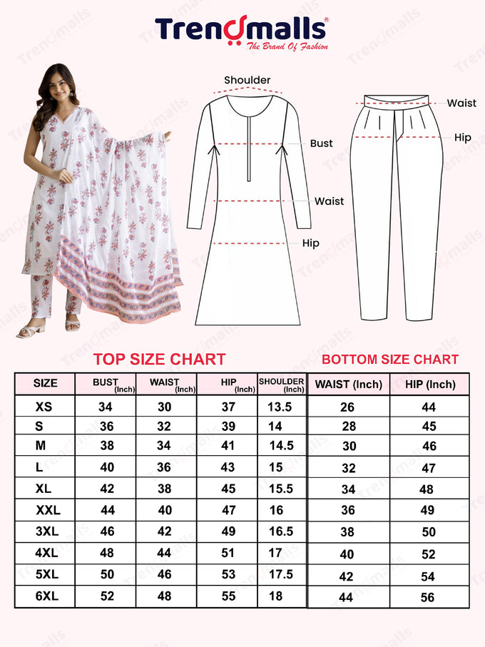 White Pure Cotton Floral Block Print Kurta Pant with Dupatta Set Trendmalls