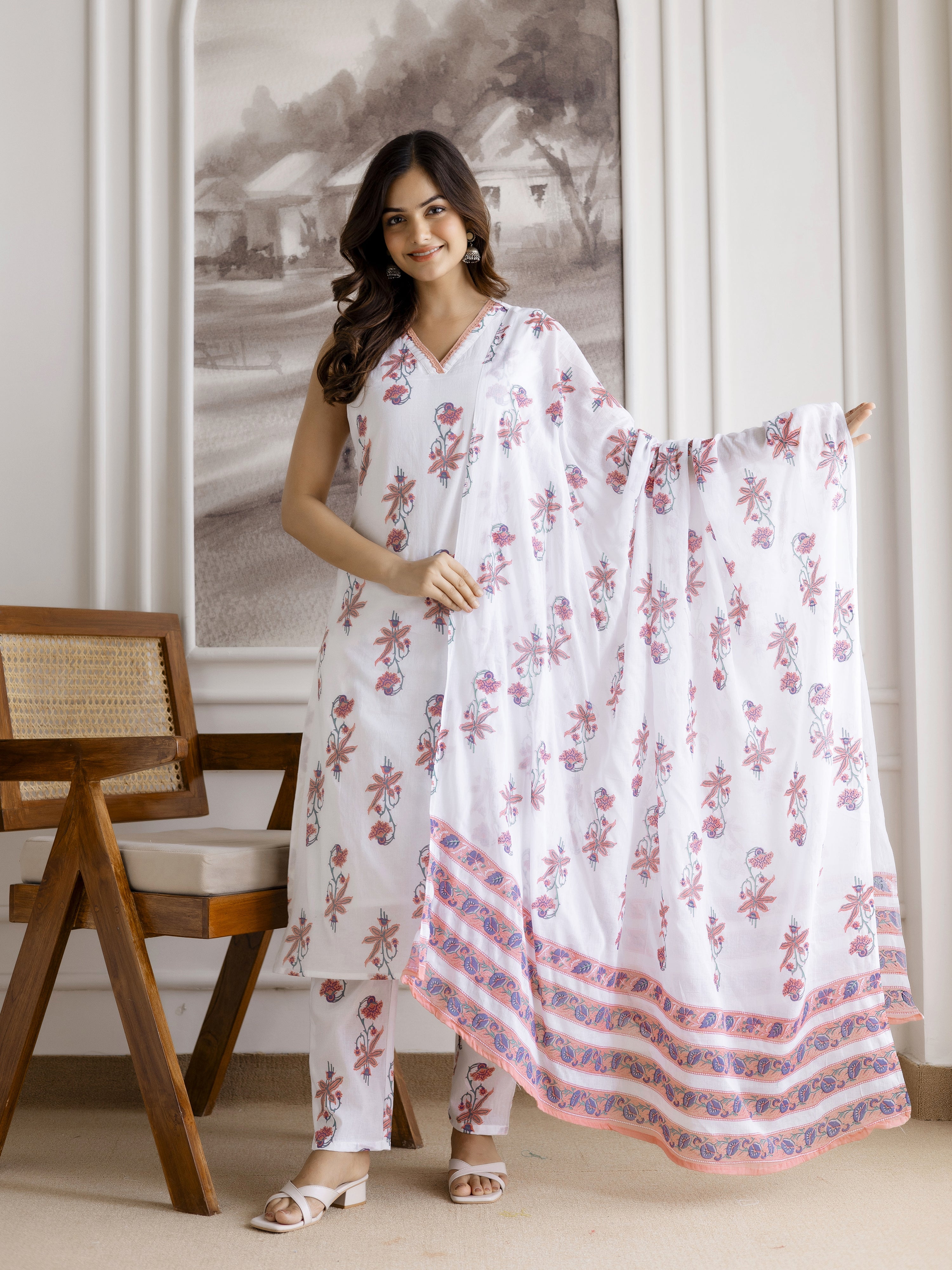 White Pure Cotton Floral Block Print Kurta Pant with Dupatta Set Trendmalls
