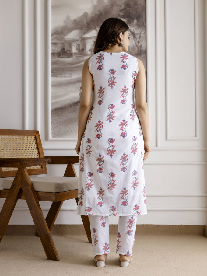 White Pure Cotton Floral Block Print Kurta Pant with Dupatta Set Trendmalls