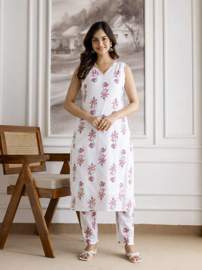 White Pure Cotton Floral Block Print Kurta Pant with Dupatta Set Trendmalls