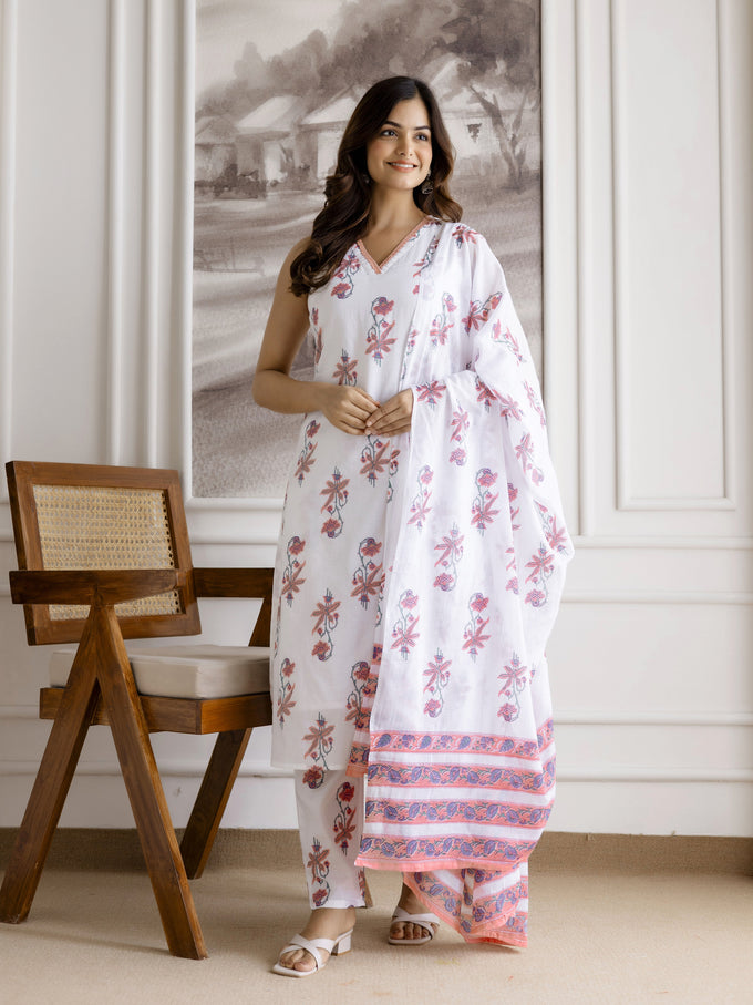 White Pure Cotton Floral Block Print Kurta Pant with Dupatta Set Trendmalls