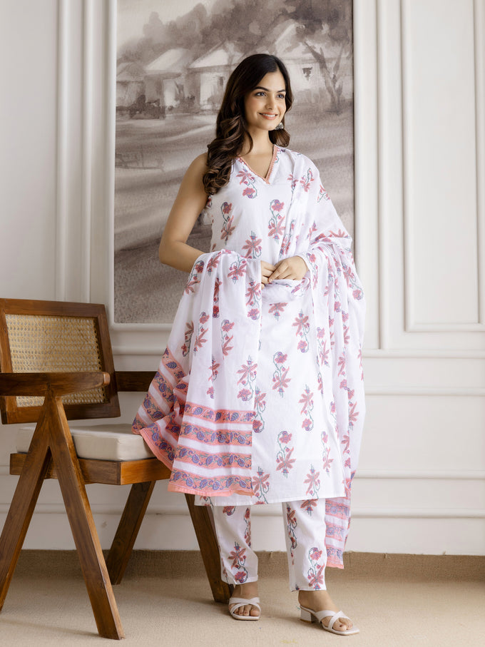 White Pure Cotton Floral Block Print Kurta Pant with Dupatta Set Trendmalls
