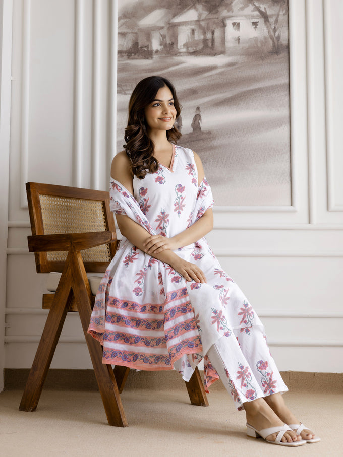 White Pure Cotton Floral Block Print Kurta Pant with Dupatta Set Trendmalls