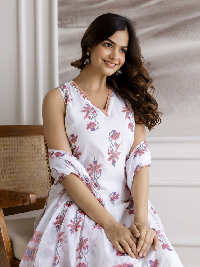 White Pure Cotton Floral Block Print Kurta Pant with Dupatta Set Trendmalls