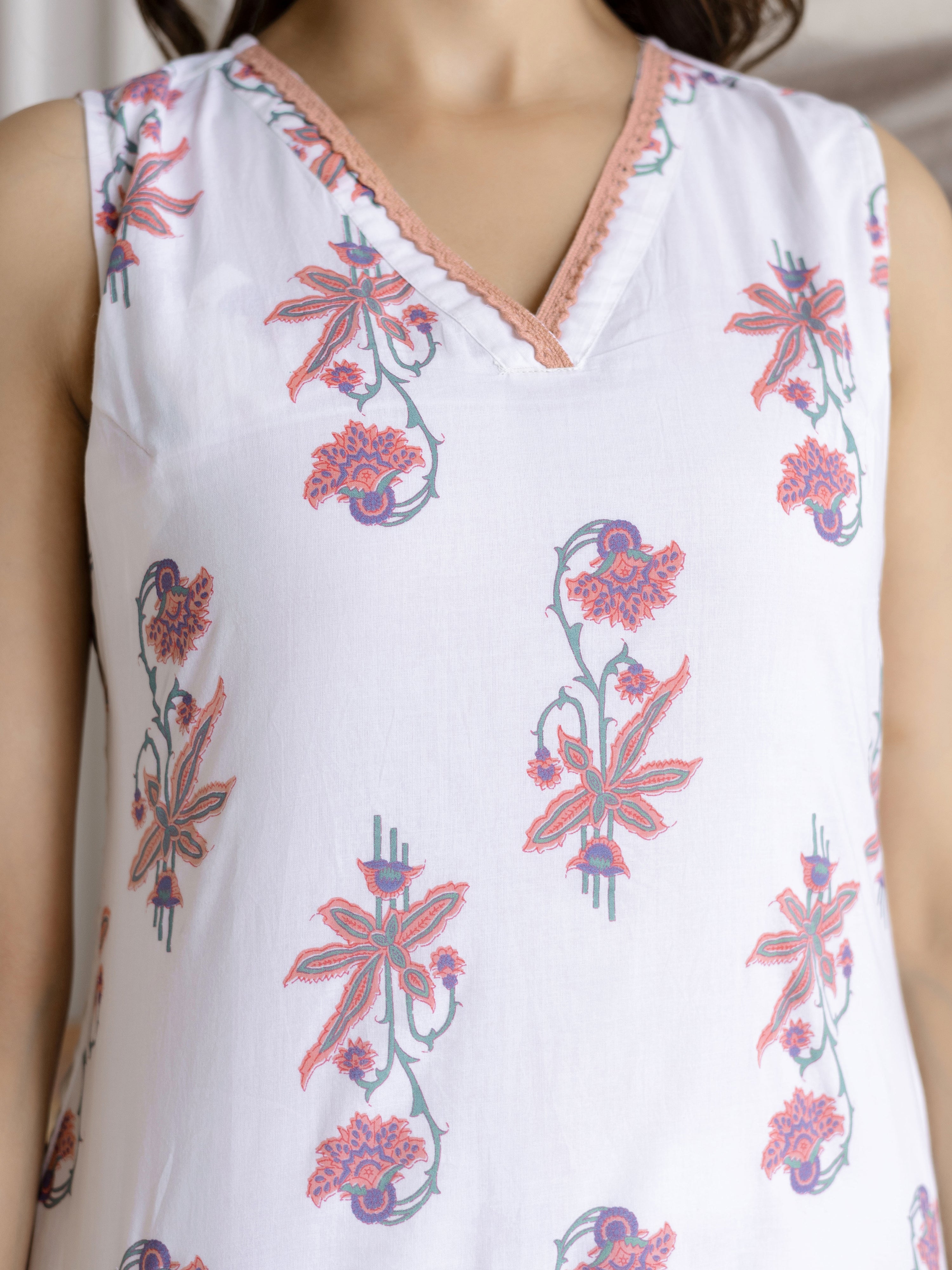 White Pure Cotton Floral Block Print Kurta Pant with Dupatta Set Trendmalls