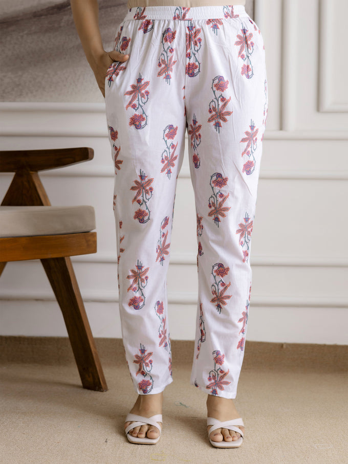 White Pure Cotton Floral Block Print Kurta Pant with Dupatta Set Trendmalls