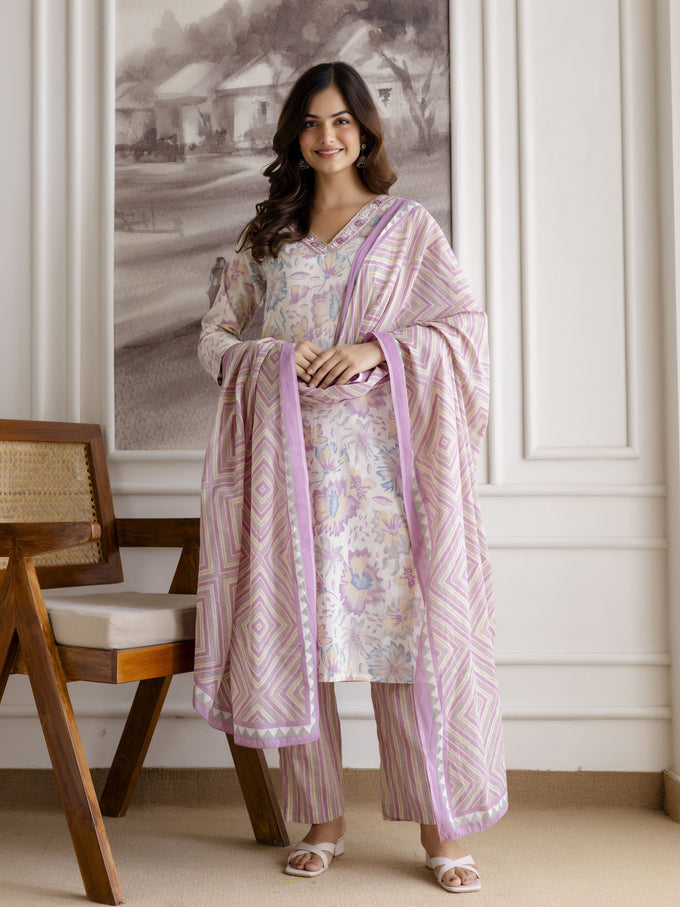 Light Purple Pure Cotton Abstract Floral Print Kurta Pant with Dupatta Set Trendmalls