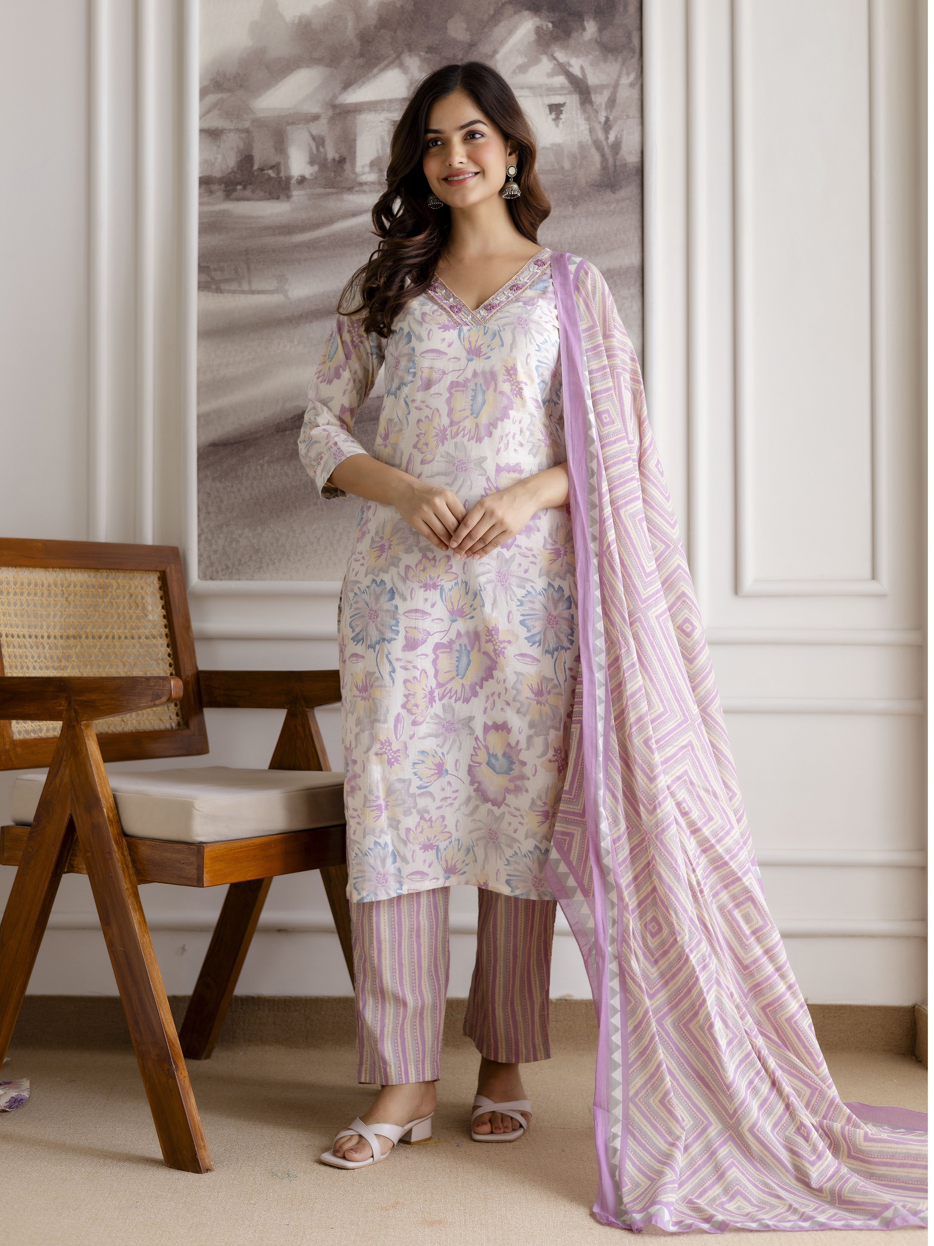 Light Purple Pure Cotton Abstract Floral Print Kurta Pant with Dupatta Set Trendmalls