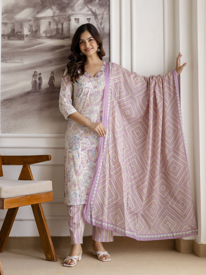 Light Purple Pure Cotton Abstract Floral Print Kurta Pant with Dupatta Set Trendmalls