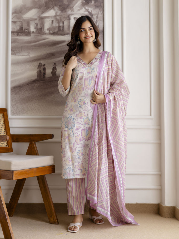 Light Purple Pure Cotton Abstract Floral Print Kurta Pant with Dupatta Set Trendmalls