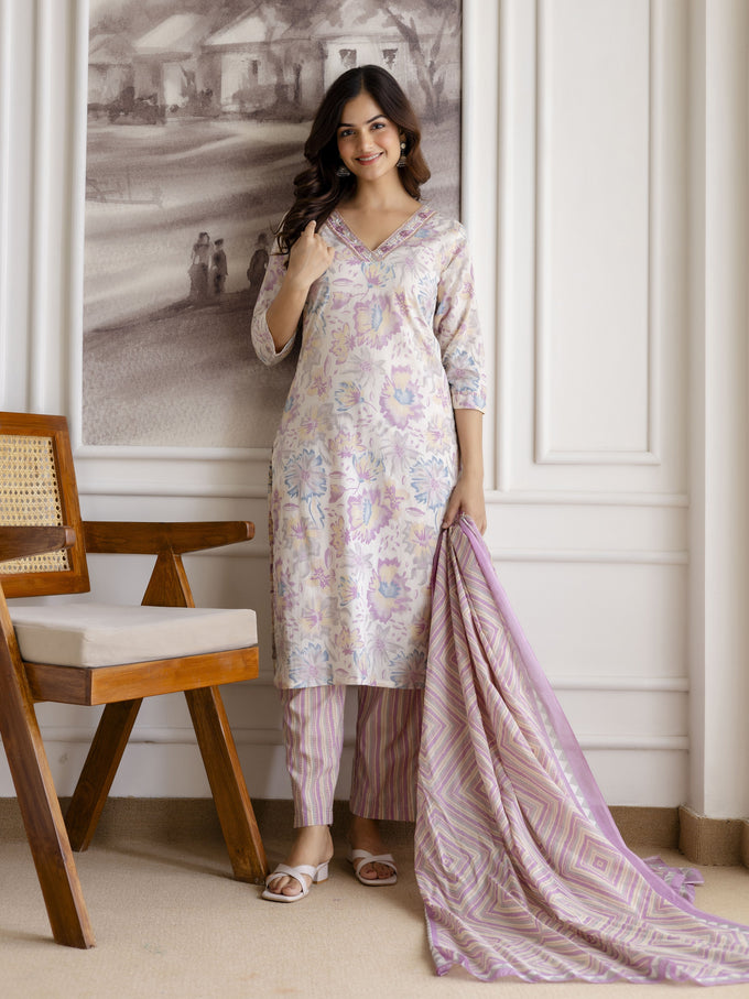 Light Purple Pure Cotton Abstract Floral Print Kurta Pant with Dupatta Set Trendmalls