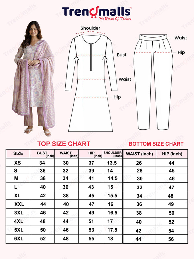 Light Purple Pure Cotton Abstract Floral Print Kurta Pant with Dupatta Set Trendmalls