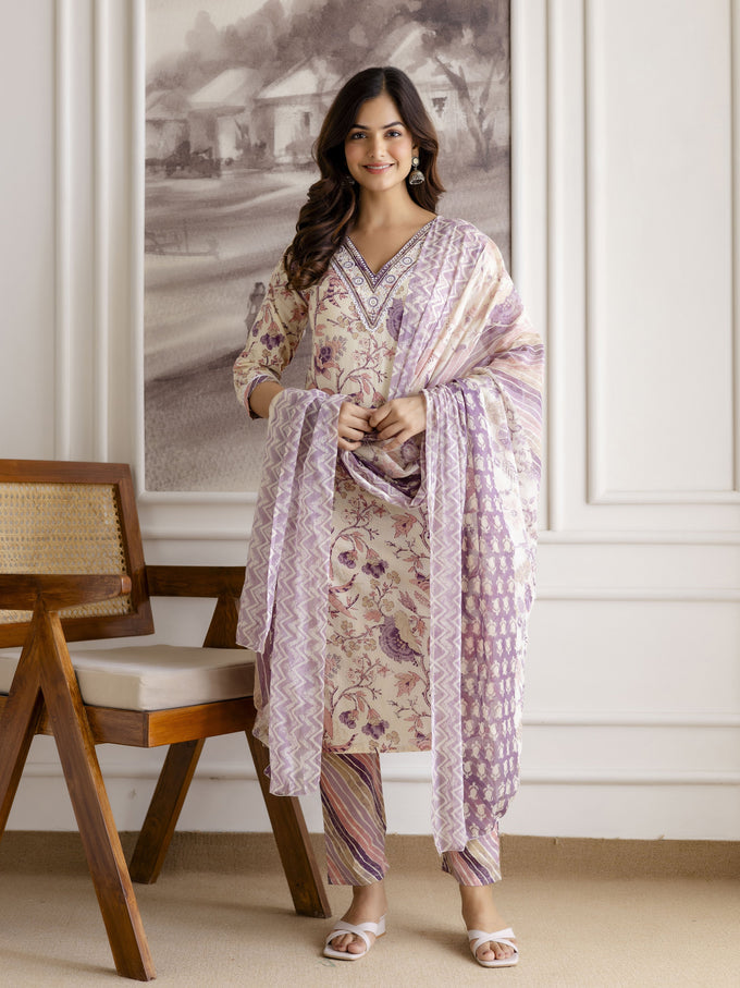 Offwhite Pure Cotton Floral Vine Print Kurta Pant with Dupatta Set Trendmalls