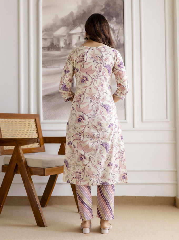 Offwhite Pure Cotton Floral Vine Print Kurta Pant with Dupatta Set Trendmalls