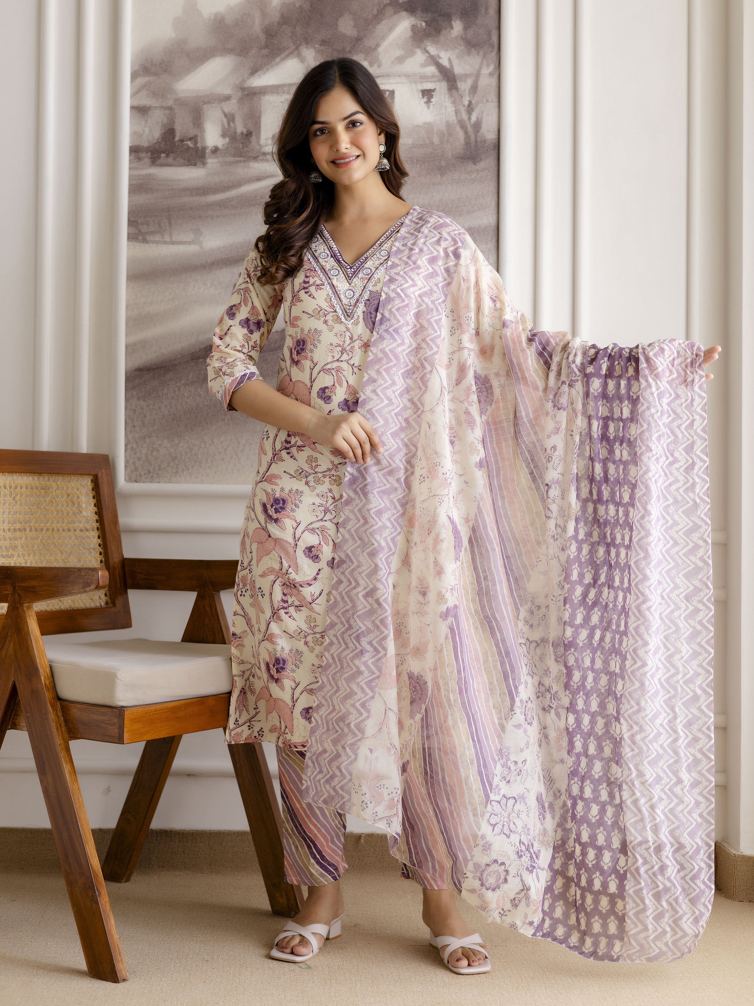 Offwhite Pure Cotton Floral Vine Print Kurta Pant with Dupatta Set Trendmalls