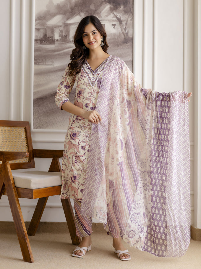 Offwhite Pure Cotton Floral Vine Print Kurta Pant with Dupatta Set Trendmalls