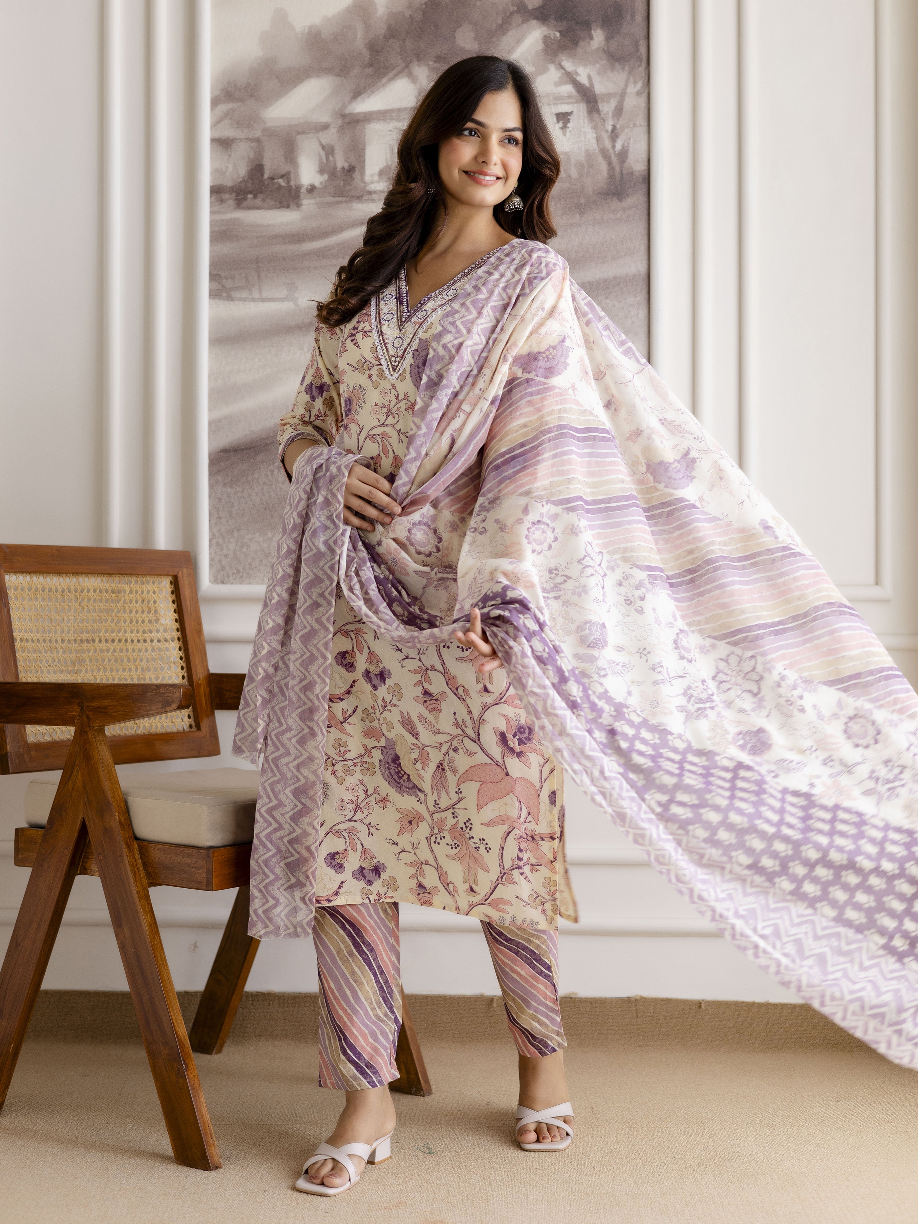 Offwhite Pure Cotton Floral Vine Print Kurta Pant with Dupatta Set Trendmalls