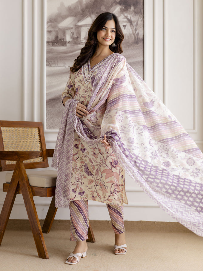 Offwhite Pure Cotton Floral Vine Print Kurta Pant with Dupatta Set Trendmalls