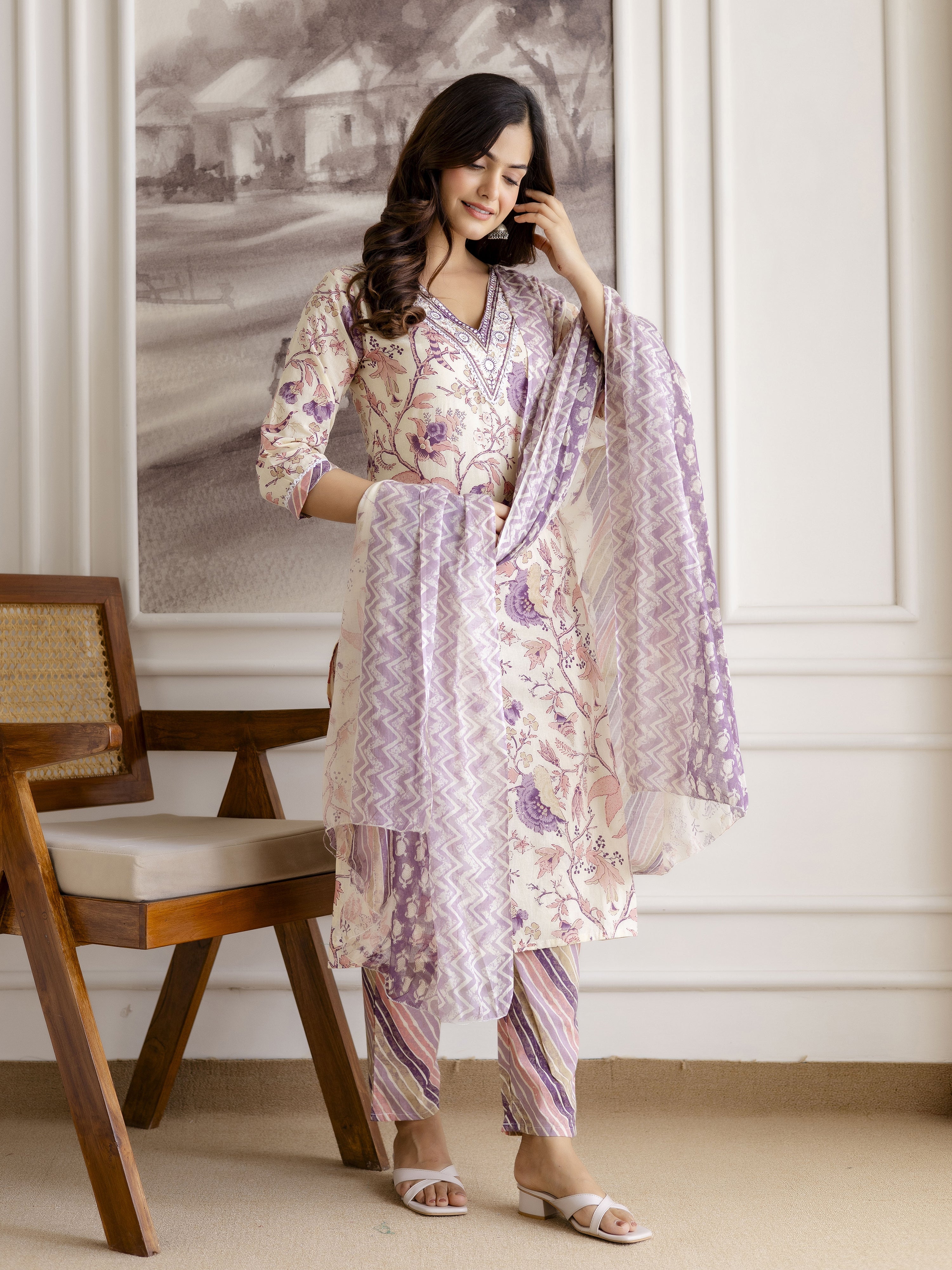 Offwhite Pure Cotton Floral Vine Print Kurta Pant with Dupatta Set Trendmalls