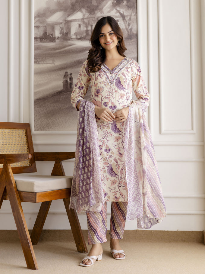Offwhite Pure Cotton Floral Vine Print Kurta Pant with Dupatta Set Trendmalls