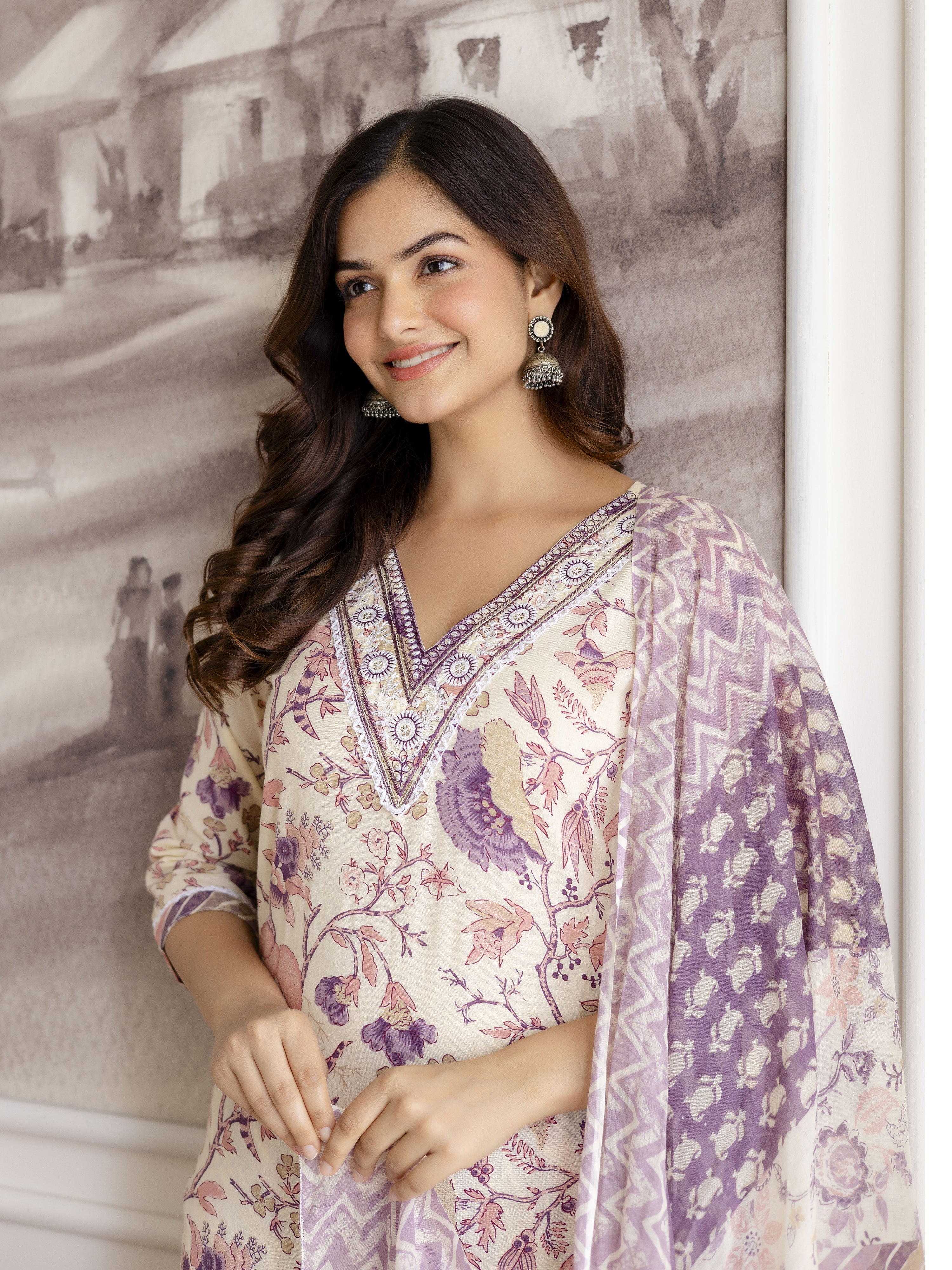 Offwhite Pure Cotton Floral Vine Print Kurta Pant with Dupatta Set Trendmalls