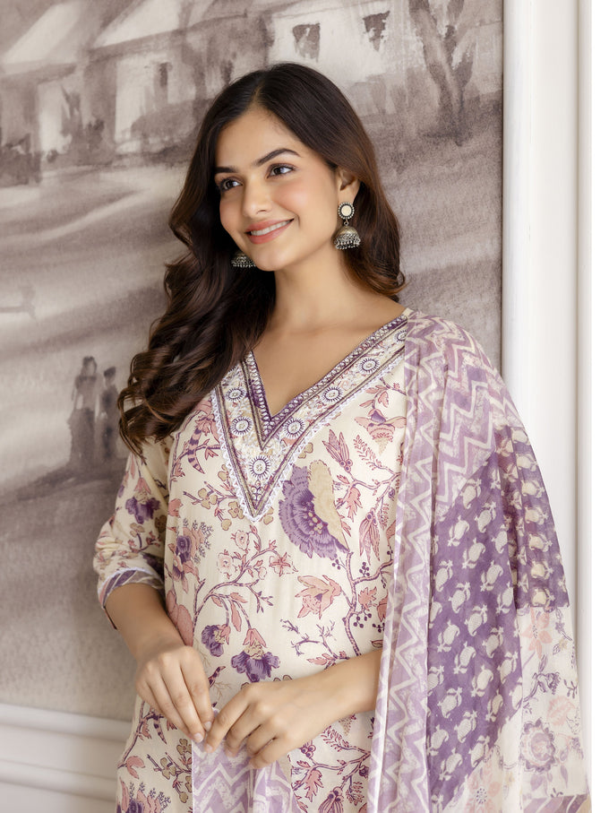 Offwhite Pure Cotton Floral Vine Print Kurta Pant with Dupatta Set Trendmalls
