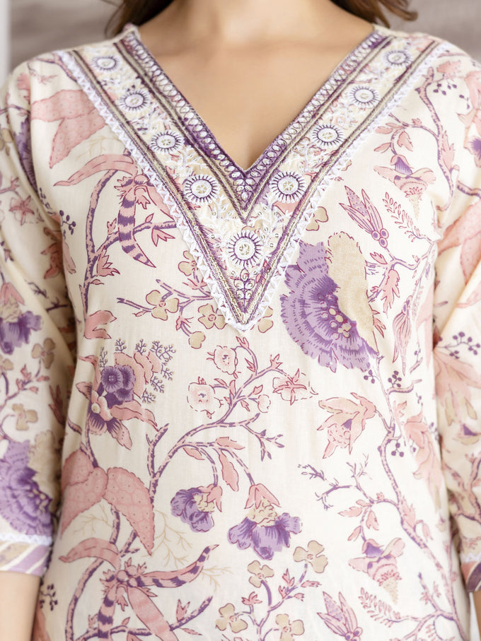 Offwhite Pure Cotton Floral Vine Print Kurta Pant with Dupatta Set Trendmalls
