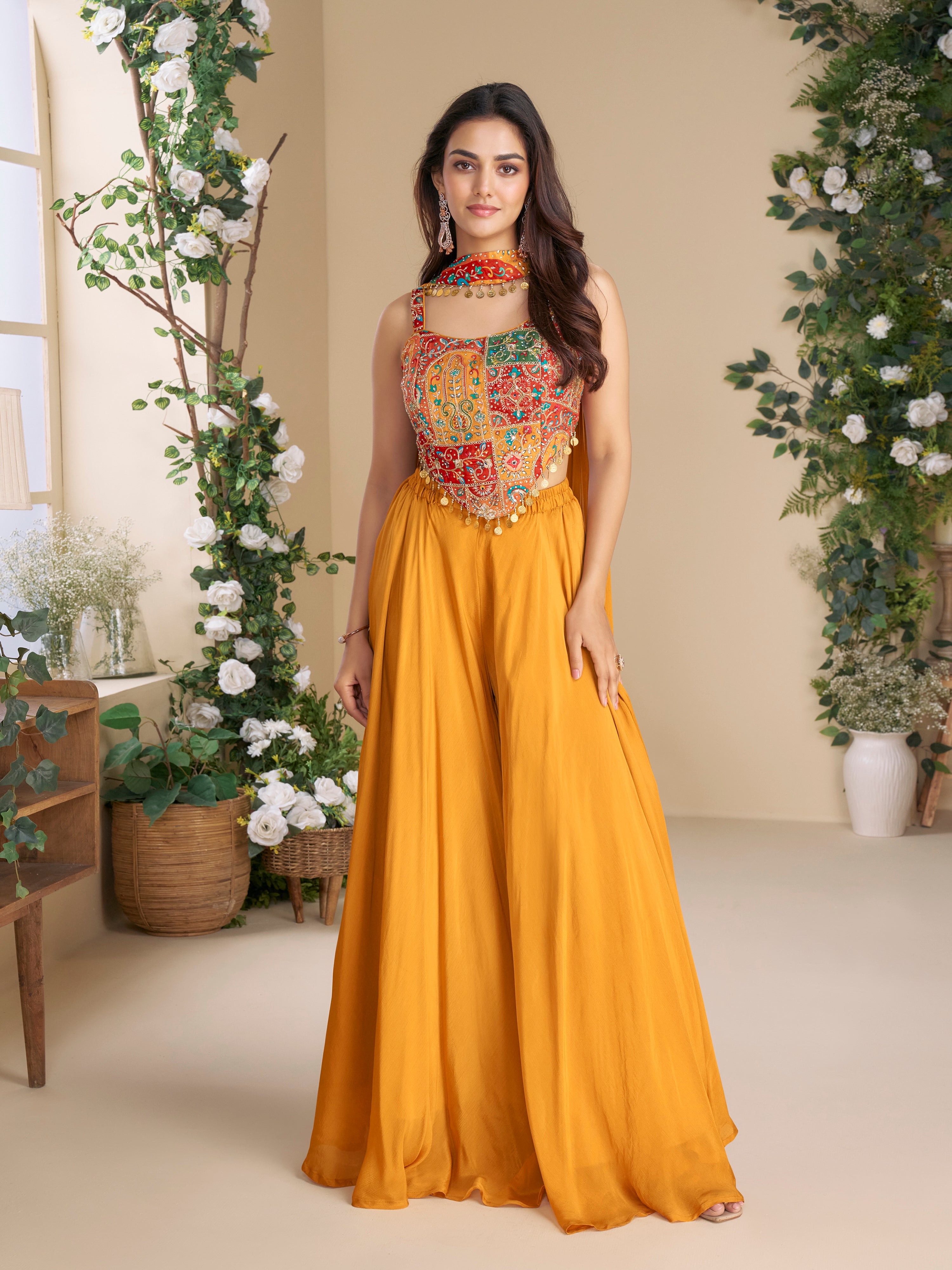Art Silk Embroidery Sequence Work Crop Top with Flared Palazzo and Dupatta Set Ethnic Salwar Set
